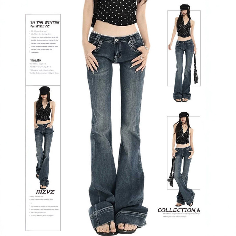 American-Style Dark Blue Spicy Girl Low-Waist Jeans for Women, New Summer Design, Slimming, Floor-Length, Slightly Flared Pants