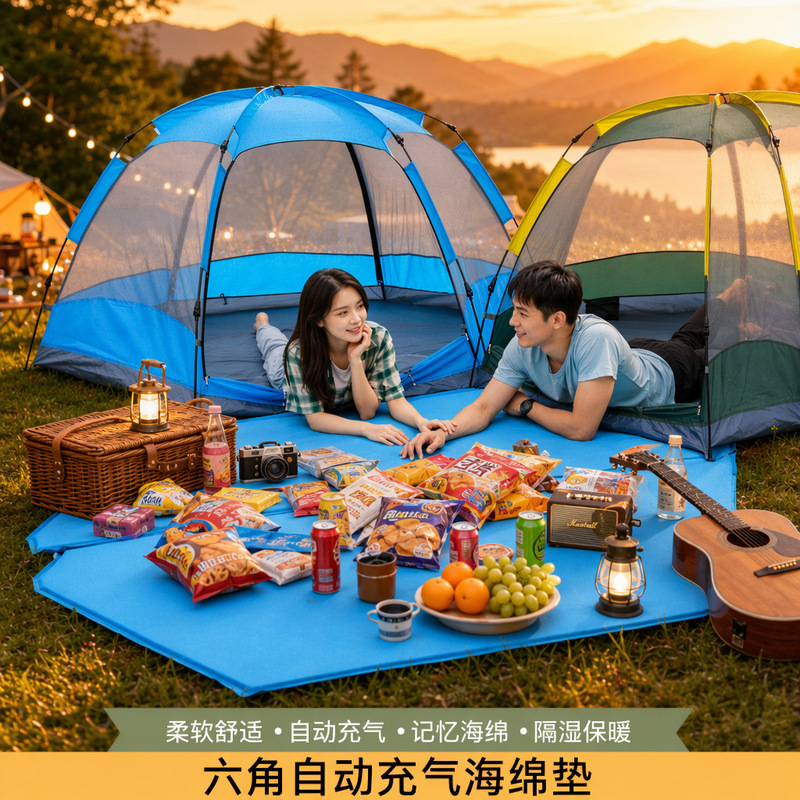 Outdoor Inflatable Mat Hexagon Automatic Inflatable Mat Thickened Elastic Cotton Inflatable Bed Camping Outdoor Sleeping Mat Moisture-proof