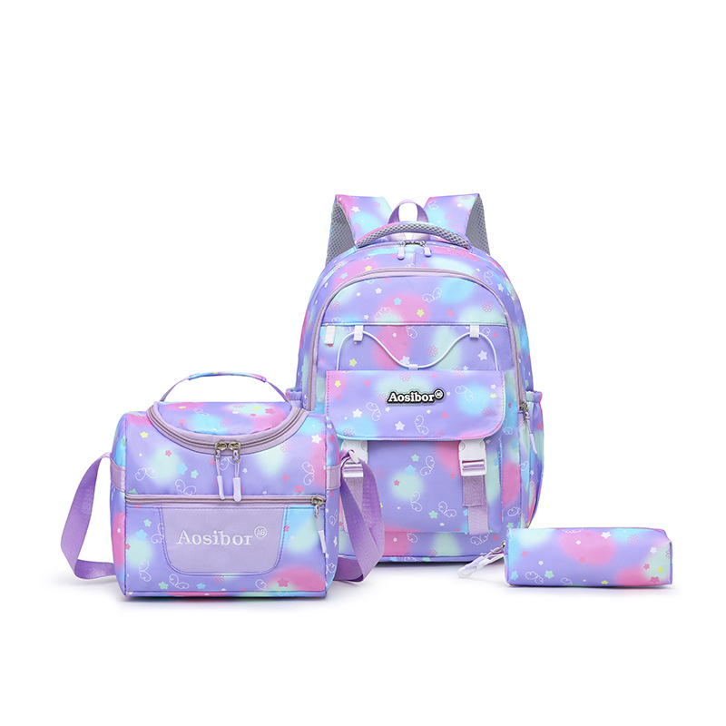 2516跨境三件套学生书包女款卡通印花料初中生书包减负校园背包