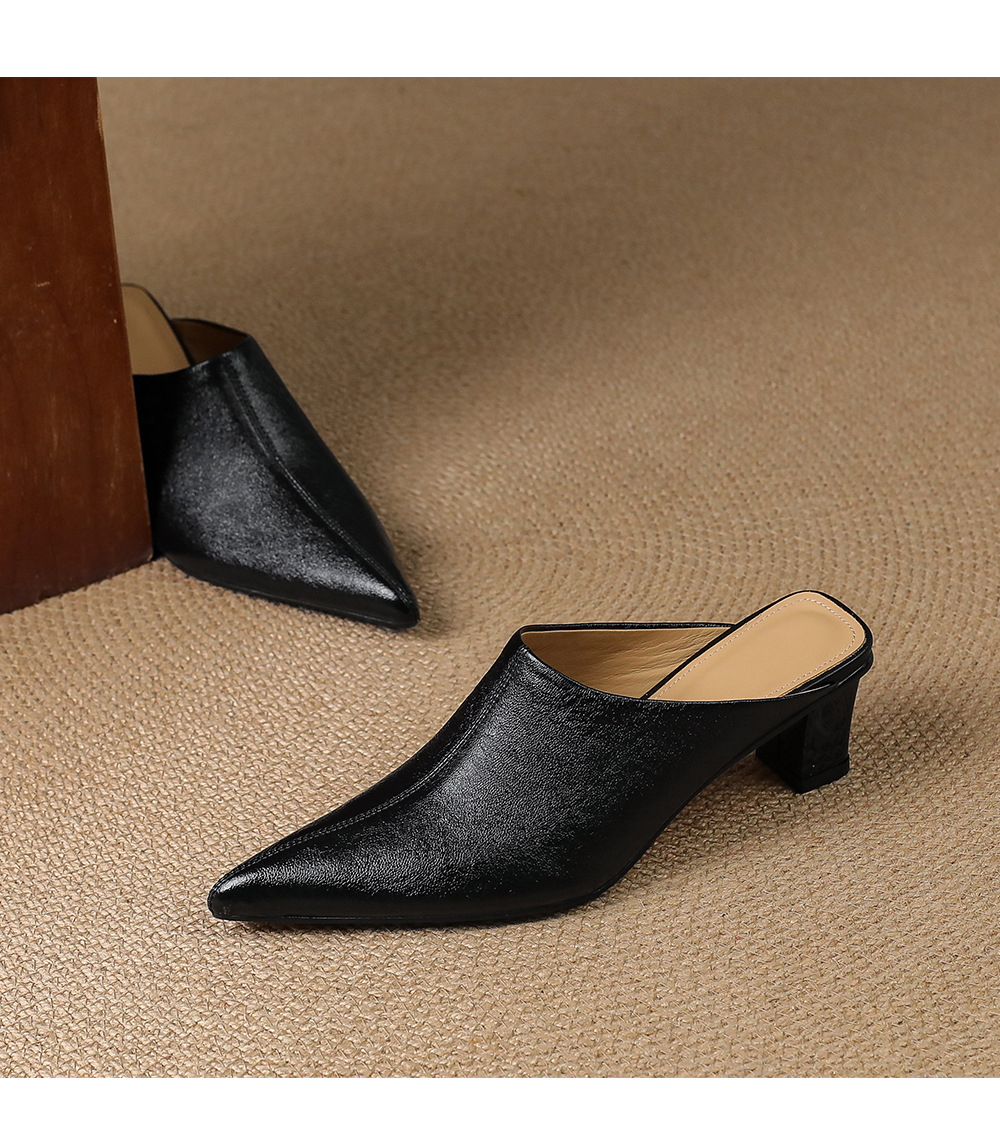 Dép mule nữ da cừu mũi nhọn cao gót 5 cm – sandal hè dáng suông — đen, vàng chi tiết 12