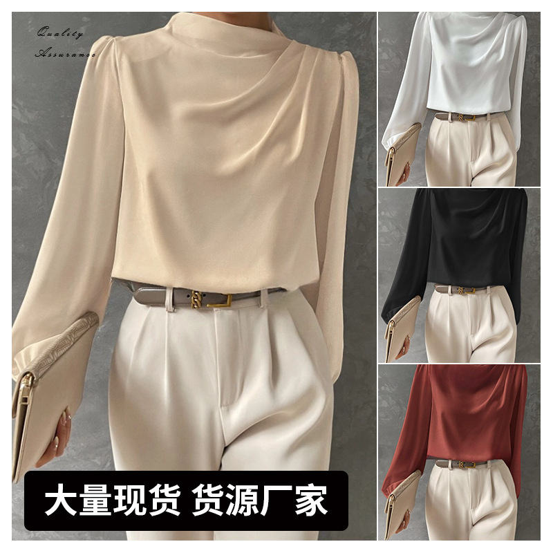 Camisa plisada de color sólido para mujer, jersey elegante, top de satén, top de manga larga de estilo nuevo europeo y americano transfronterizo