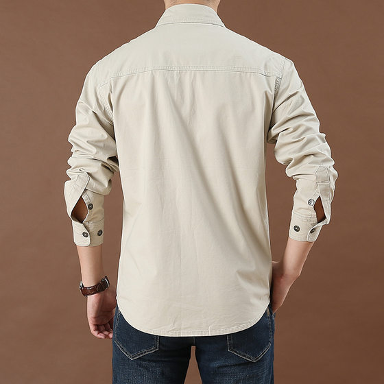 Men's Casual Loose Long-sleeved Shirt New Large Size Solid Color Middle-aged Shirt Autumn Workwear Pocket