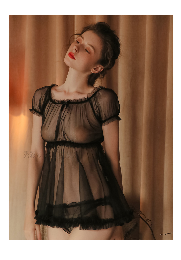 Sheer Mesh Babydoll Nightdress with Matching Panty, Pink One Size — detail image 24