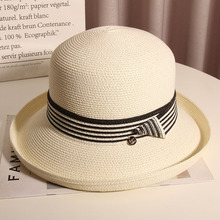 遮阳帽女夏天法式卷边草帽英伦复古黑色防晒帽出游可折叠太阳帽潮