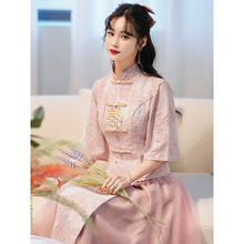 中式伴娘服2022新款平時可穿粉色旗袍小個子禮服裙姐妹團伴娘禮服