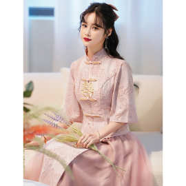 中式伴娘服2026新款平时可穿粉色旗袍小个子礼服裙姐妹团伴娘礼服