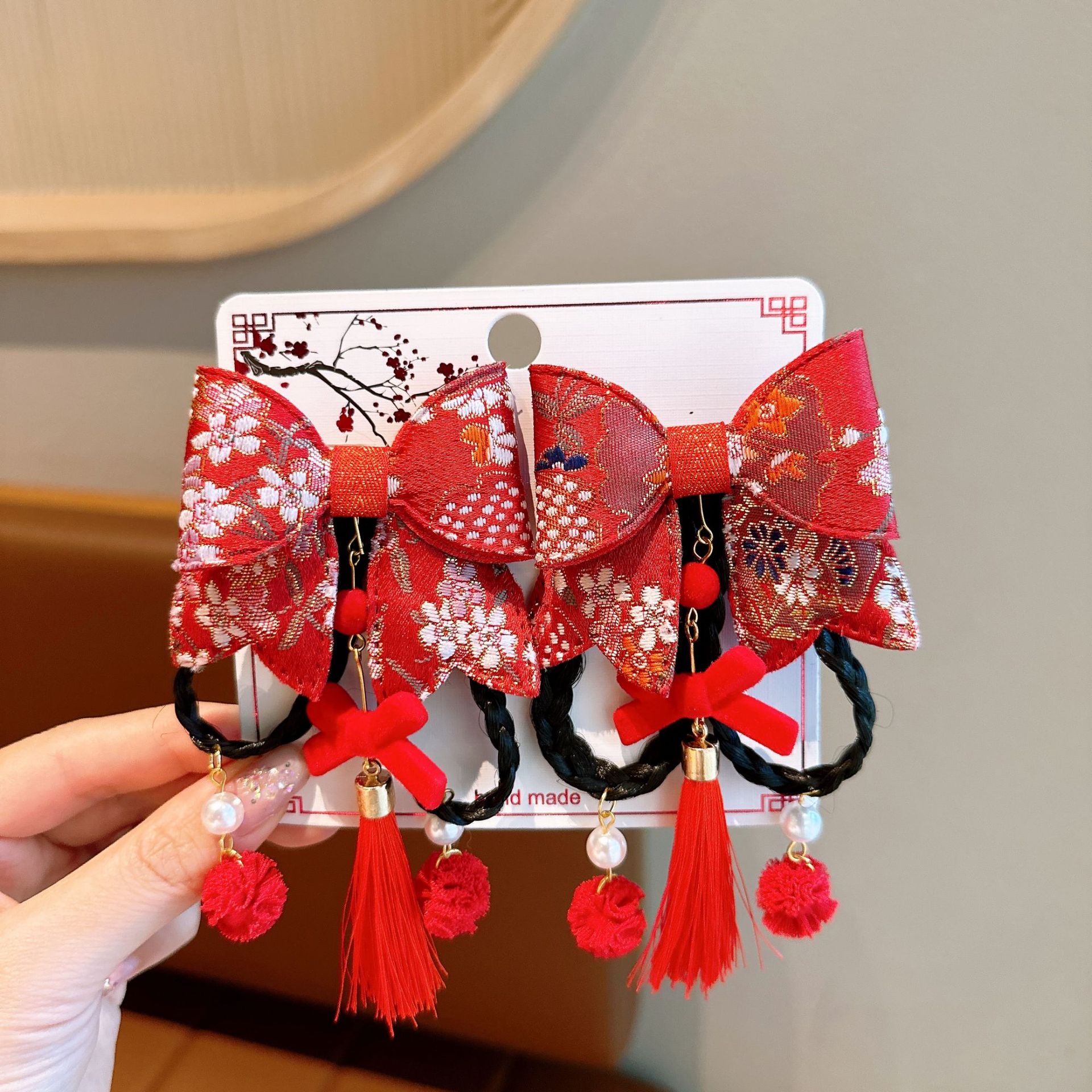 Año Nuevo horquilla accesorios para el cabello de los niños Hanfu estilo antiguo borla arco horquilla niña bebé peluca trenza cabeza Accesorios