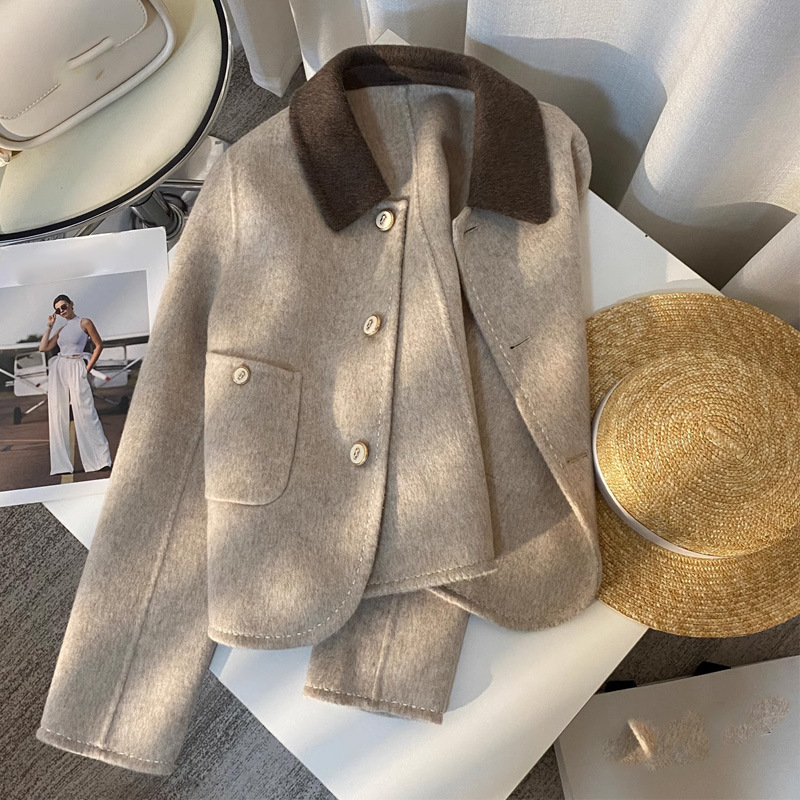 Women's Clothing cashmere light beige short double faced wool women's coat new Korean style temperament small size coat autumn and winter_voghion.com