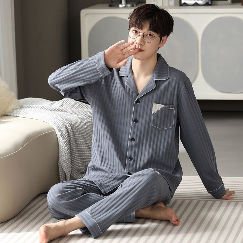 Pajamas de algodón de hombre primavera y otoño de manga larga nueva ropa casera suelta de tamaño grande engordado conjunto de ropa de hombre otoño y invierno