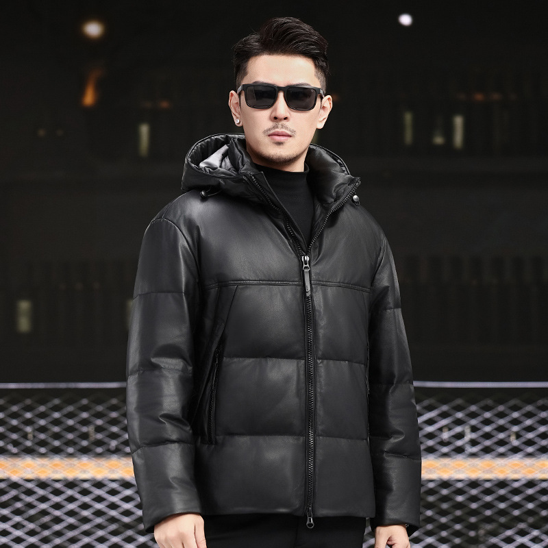Winter Genuine Leather Jacket for Men, White Goose Down, Detachable Hood, First Layer Cowhide, Warm Leather Jacket, Thick Coat