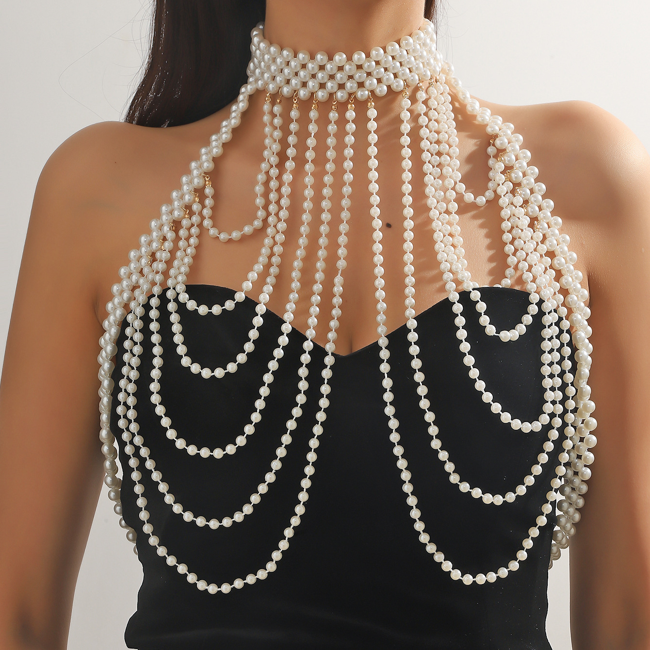 新款欧美饰品重手工串珠珍珠披肩外搭礼服胸链性感镂空胸饰身体链