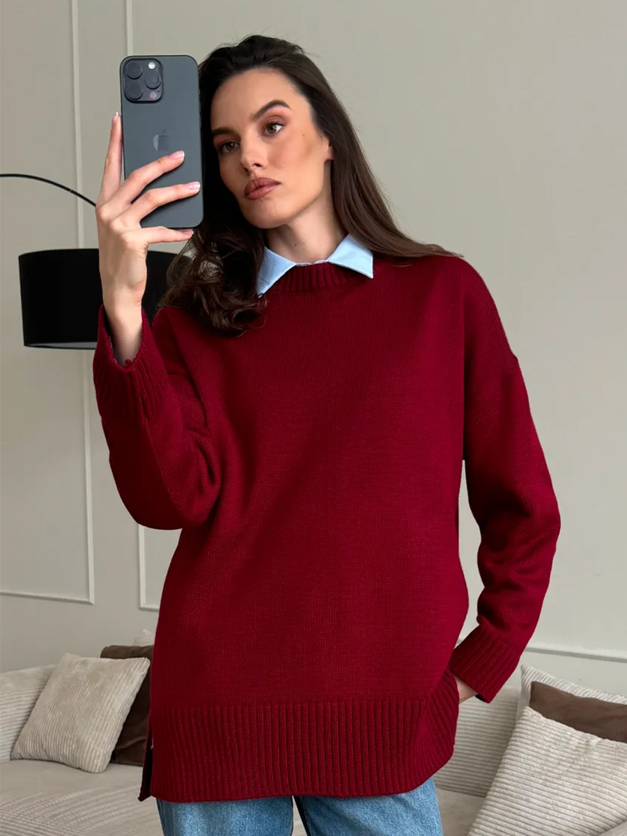 Suéter de cuello redondo transfronterizo Europa y los Estados Unidos 2025 otoño y invierno bifurcado camiseta de punto de color sólido universal cálido suéter casual mujer image 4