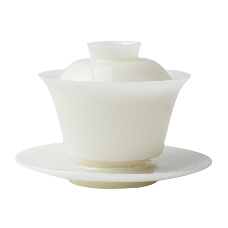 墨己璞玉茶具冰种羊脂玉瓷三才盖碗高档敬茶碗功夫茶具家用泡茶碗|undefined