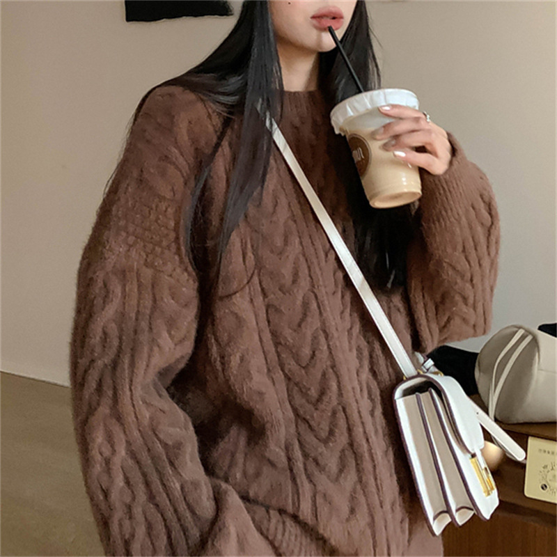 韓系優しい風麻花編みセーター女性2023秋冬厚手のモチモチニット女性のゆるい上着|undefined