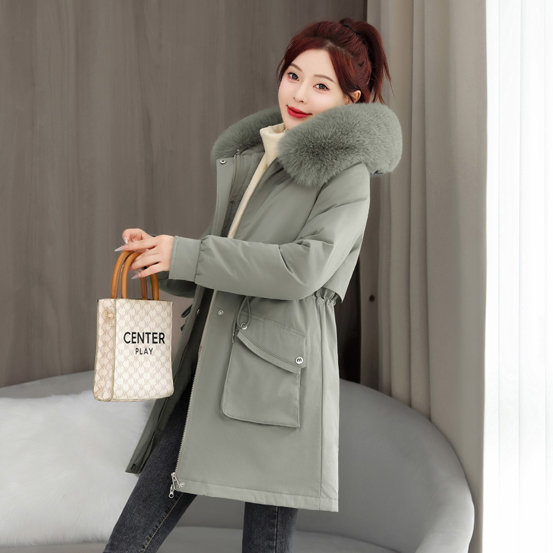 2025 invierno nuevo espessado para superar la cintura femenina delgada con capuzas cuello de cabello grande una chaqueta de algodón de terciopelo de moda