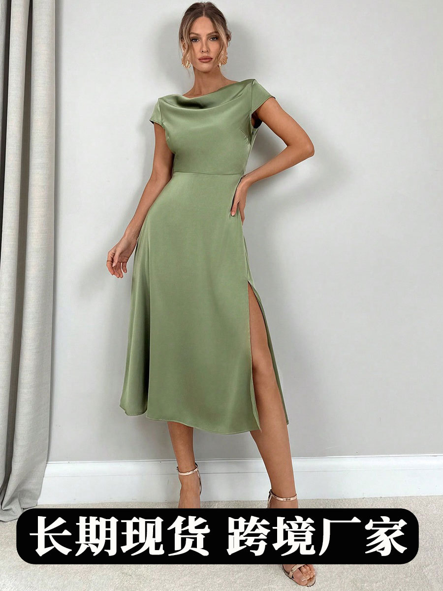 Verano nuevo estilo vestido de seda de imitación vestido de satén dividido falda larga al por mayor ropa de mujer europea y americana de alta gama comercio exterior
