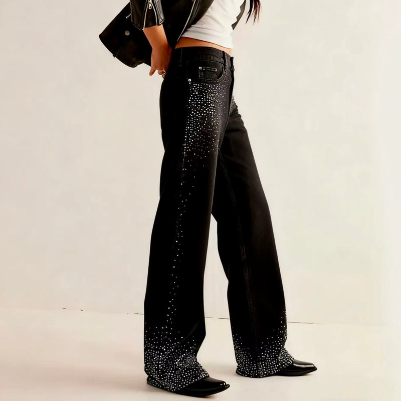 Cross-Border Black Stretch European and American Style Women's Straight-Leg Jeans Temu Amazon Stretch Rhinestone Loose Straight-Leg Jeans Cross-Border Black Stretch European and American Style Women's Straight-Leg Jeans Temu Amazon Stretch Rhinestone Loose Straight-Leg Jeans