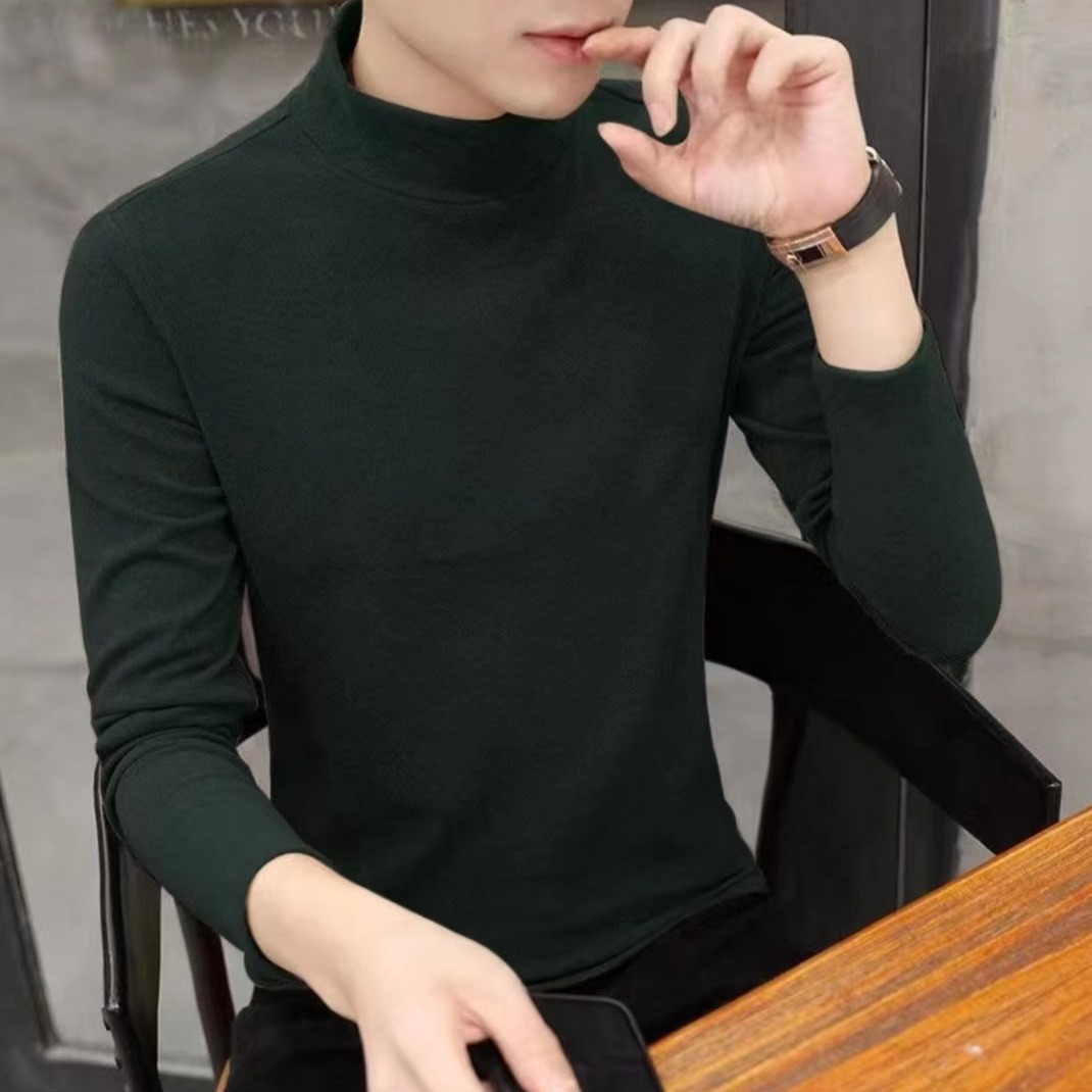 아메리칸 스타일 양털 세미 하이 칼라 베이스 셔츠 남성용 가을 양면 따뜻한 옷 단색 두꺼운 무거운 긴팔 티셔츠