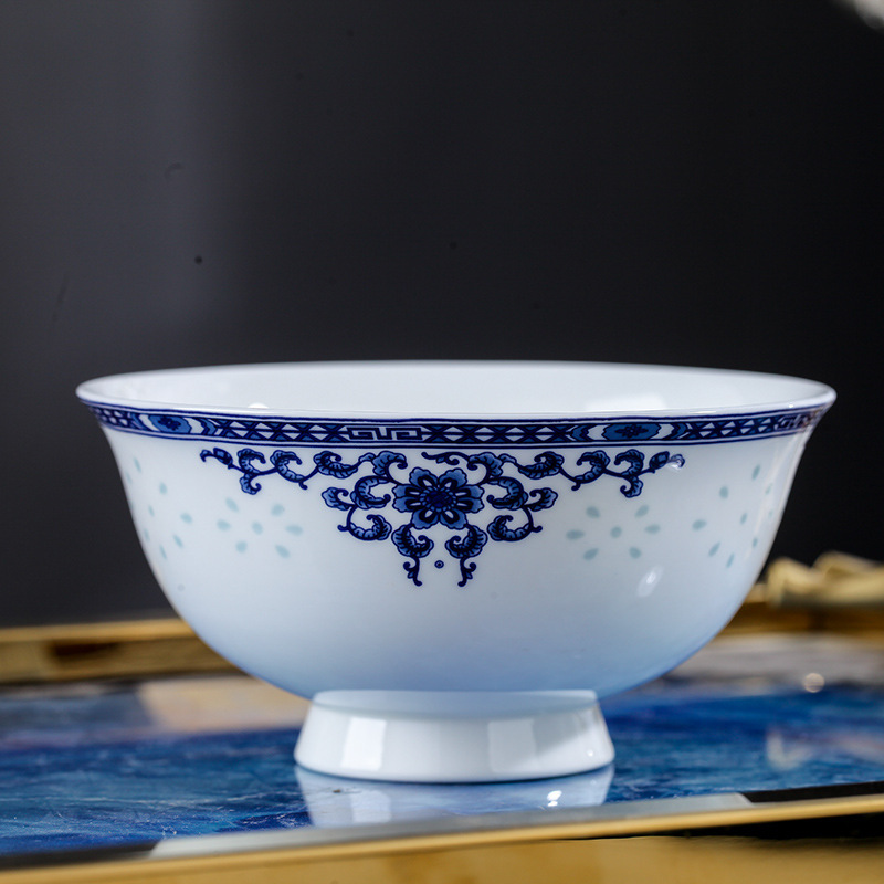 Wholesale Jingdezhen bone china noodle bowl high foot anti-scalding rice bowl Chinese hotel home rich exquisite blue and white porcelain bowl