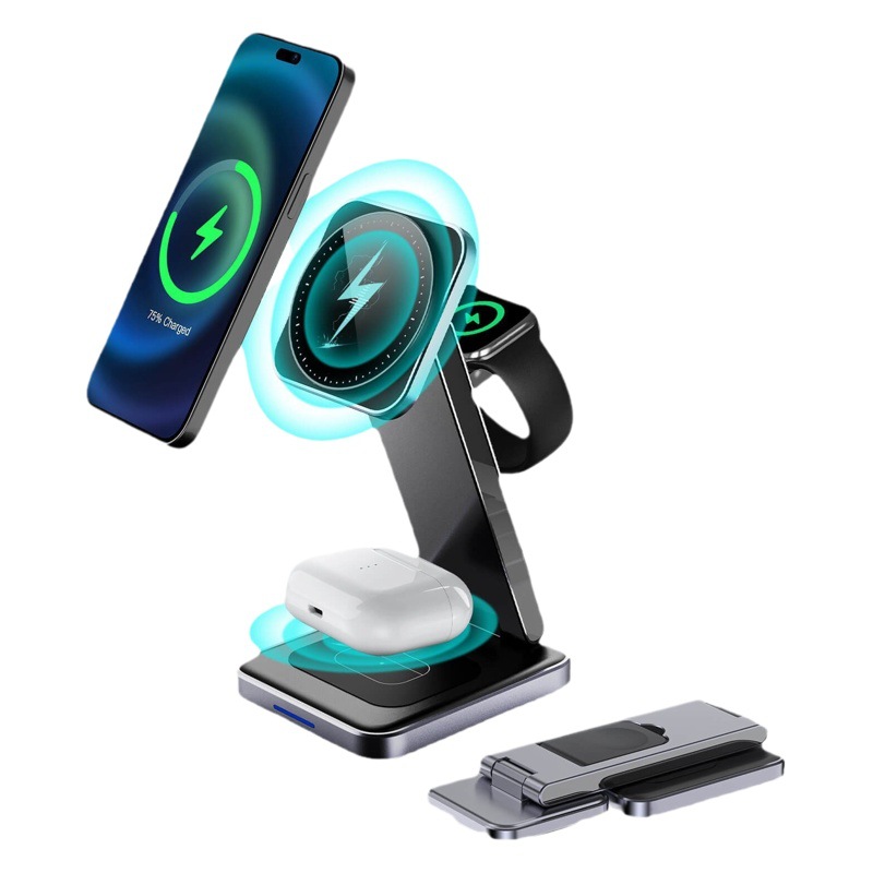 Aplicable a Apple 15Magsafe reloj de carga inalámbrica magnética auricular plegable soporte de teléfono móvil tres en uno de carga rápida