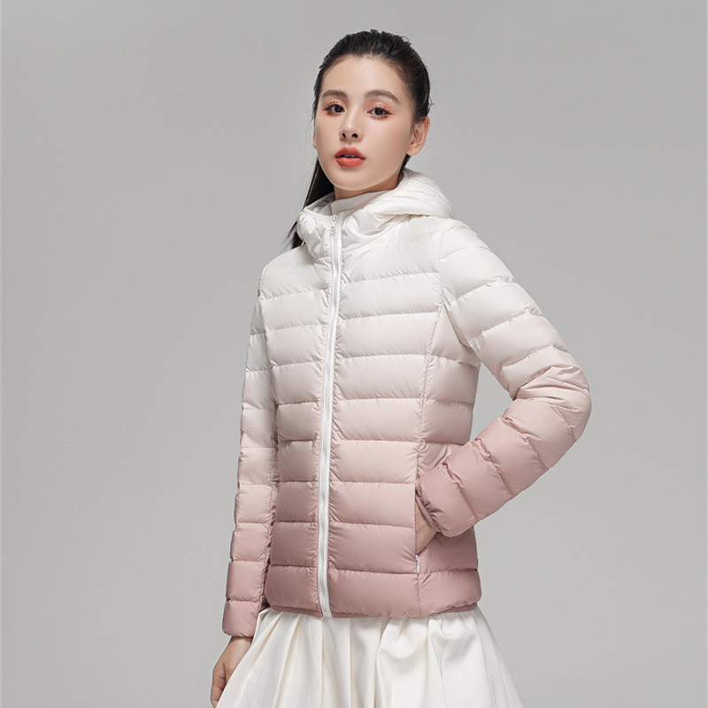Transfronterizo Tik Tok otoño y invierno nuevo 90 camisa de plumón ligera cuello con capuchón de color gradiente de gran tamaño blanco