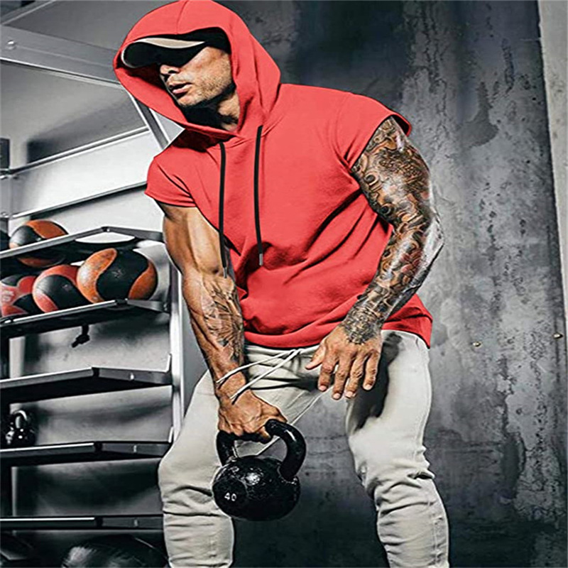 Men's Clothing outdoor sports men's hooded sleeveless fashion hip hop youth muscle fitness vest solid color jacket_voghion.com