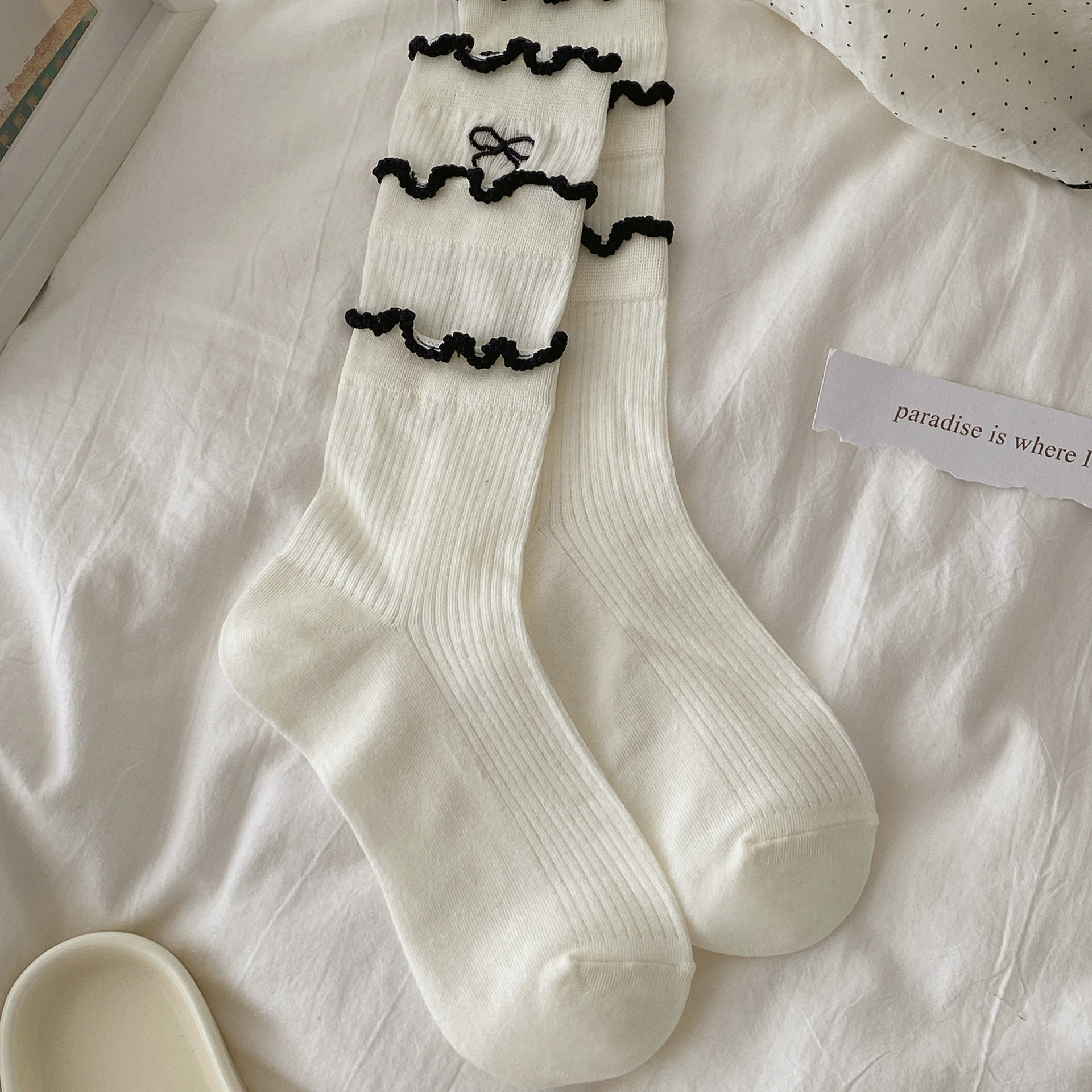Breathable white summer thin knee socks, mid-length