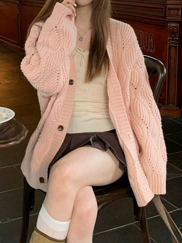 槿一 针织开衫女韩系早秋穿搭上衣外搭氛围感粉色慵懒风毛衣外套|undefined