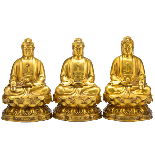 Brass Three Treasures Buddha Statue Sakyamuni Amitabha Medicine Buddha Ornaments Handicrafts Buddhist Hall Worship Shopkeeper Recommended