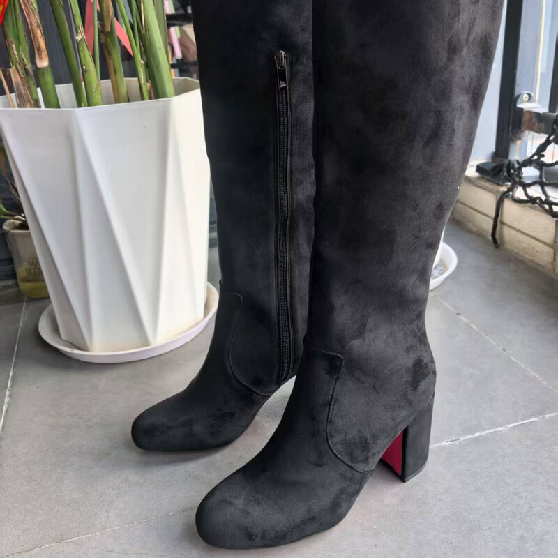 New Women's Velvet Knee-High Boots, Suede Velvet, Foldable Riding Boots, Chunky Heel, Foreign Trade Boots, High Heel, Classic