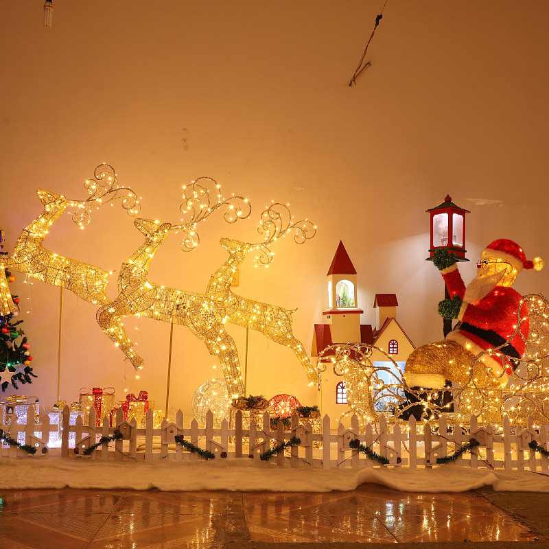 Led emisor de luz Reno trineo decoración de Navidad hierro trineo grande coche vacaciones decoración de la escena interior