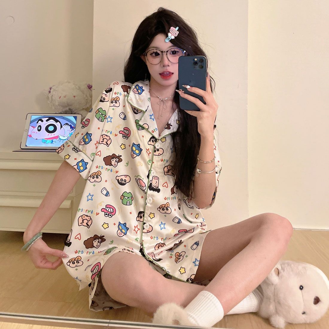 Vietnam transfronterizo al por mayor nube de algodón lindo oso pijamas verano mujeres pantalones cortos de manga corta cardigan casual dibujos animados servicio a domicilio