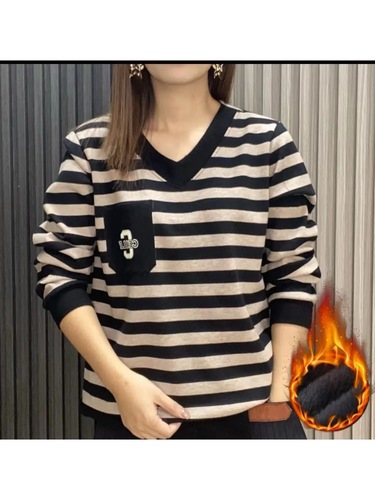 Winter Fleece Lined Thick Base Shirt Korean Style Loose Slimming Muscle Hiding Large Collar Blouse for Women