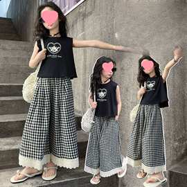 女童超好看韩系套装夏季2025新款女孩网红炸街格子裤夏款洋气上衣