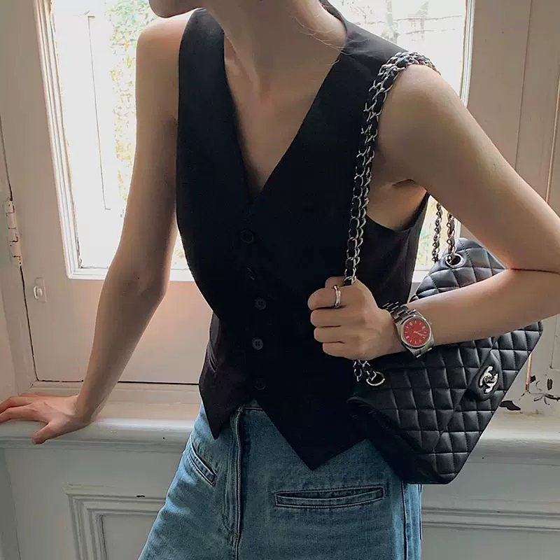 Костюм-жилет женская корейская версия черного сложного V-образного выреза