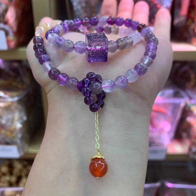 Nine Purple Fire Natural Crystal Glaze Double Circle Bracelet 6mm Aurora 23 Pink Crystal and Agate Duobao Bracelet