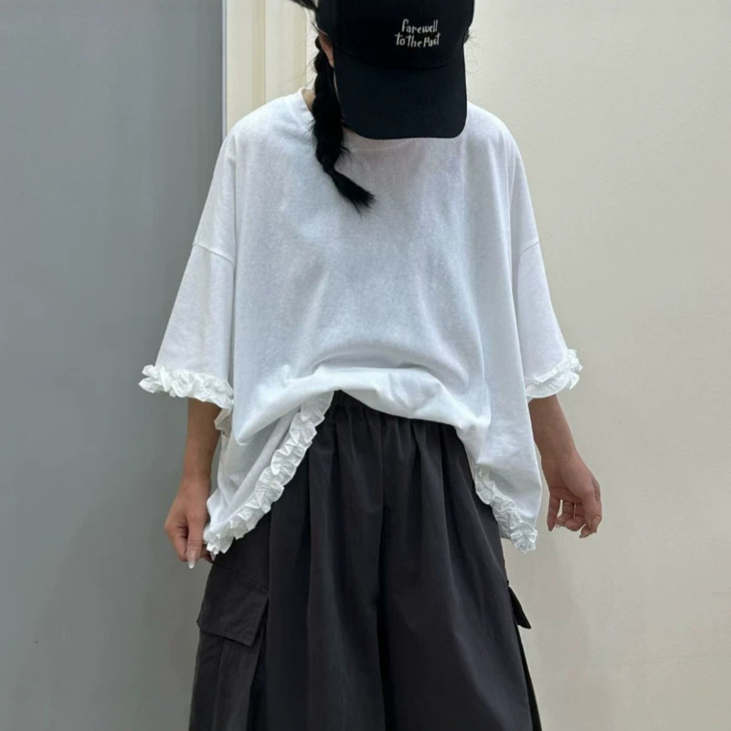 Large Lace-Trimmed T-Shirt 2026 Summer New Artistic Versatile Loose Casual Round-Neck Short-Sleeve Pullover Plus-Size Tee