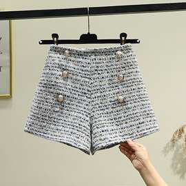 秋冬季毛呢短裤女高腰小香风排扣格子阔腿裤显瘦小个子字休闲裤