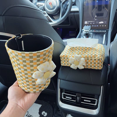 Car tissue box for armrest, Car tissue box/set - yellow-flower-yellow-green-bubble-grid-tissue-box-armrest-box-yellow-flower-bubble-grid-trash-bin-clip-on-style