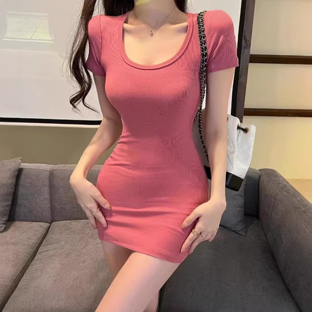 Purely Sexy Round-Neck Slim-Fit High-Elastic Candy-Colored Bodycon Short Dress for Women, Hot Girl Tight-Fitting Short-Sleeve Mini Dress, Trendy for Women