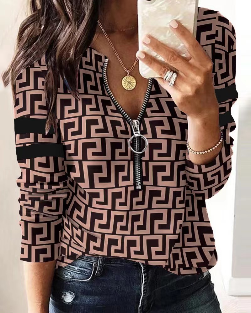Fashion Geometric Polyester Round Neck Long Sleeve Regular Sleeve Printing Blouse