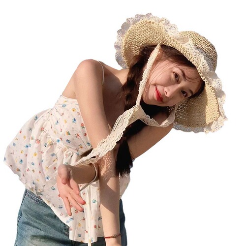 Straw hat for women, summer vacation beach sand sun hat, Japanese INS style, lace edge, large brim to make face look smaller