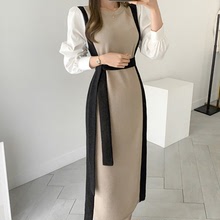 韓國chic秋季新款復古拼色針織連衣裙女襯衫袖拼接長袖裙子