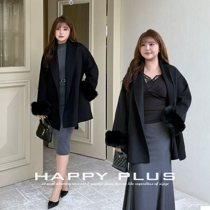 矜奢狐狸毛双面呢羊毛大衣润其9319大码秋冬羊毛法式大衣外套