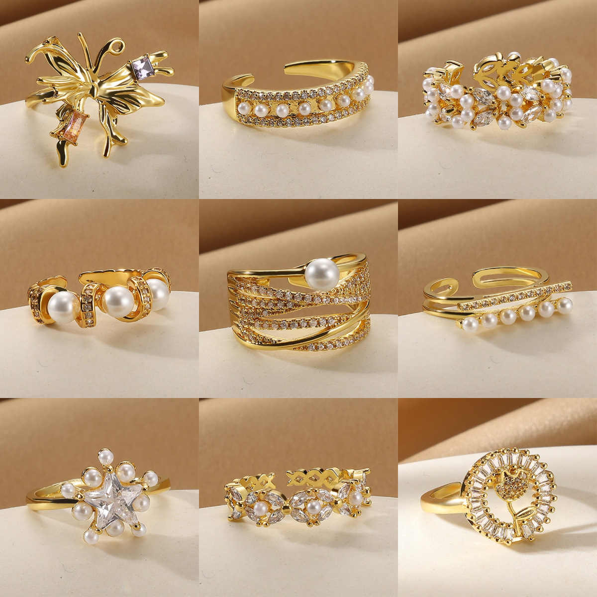 French Style Zircon Pearl Multi-layer Stacking Ring For Women_voghion.com