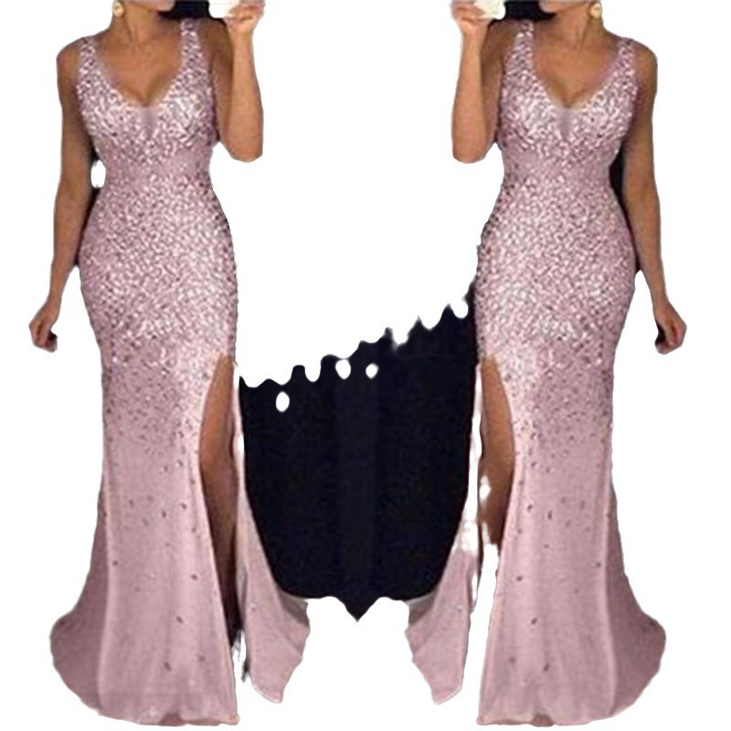 Vestido largo de noche con abertura y adornos dorados para mujer, nueva colección de comercio exterior europeo y americano de primavera 2025, disponible en Amazon.