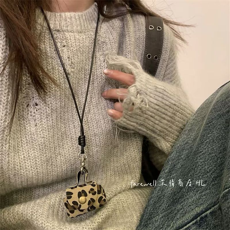 新款耳机包高级感卫衣链迷你豹纹零钱包项链复古棕色小包毛衣链|undefined