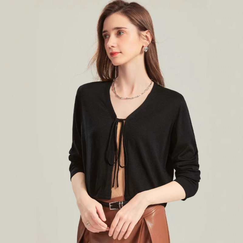 [Contains Mulberry Silk] Early Autumn Silk Easiest for Match New Style Small Drawstring Short Shawl Jacket Knitted Cardigan for Women