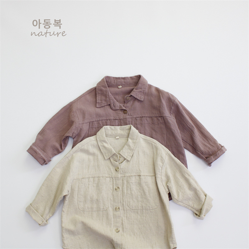 春季儿童衬衫棉麻纯色男童衬衣韩版休闲女童上衣长袖a类一件代发