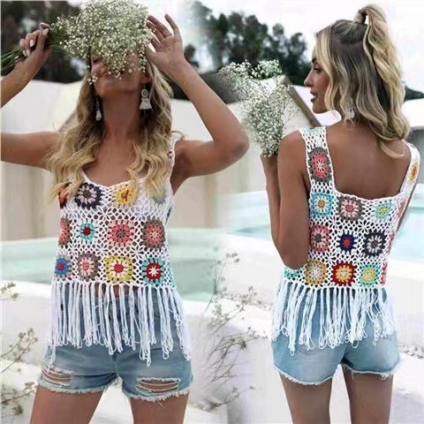 Ethnic style hand-crocheted woven short vest knitted vest women's tassel hollow blouse super popular outer wear summer